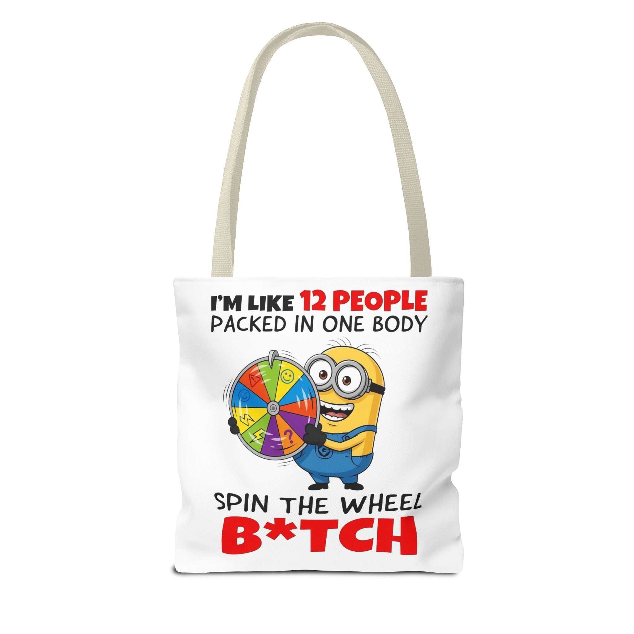 Funny Minion tote bag with cheeky design and colorful handles