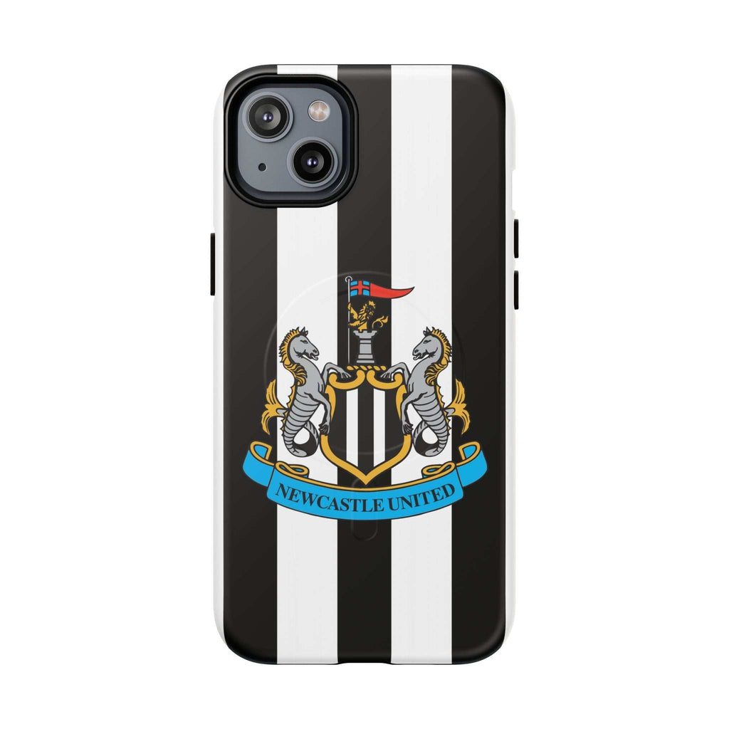Newcastle United MagSafe iPhone case with black and white stripes and club crest, durable dual-layer protection, and wireless charging compatible.