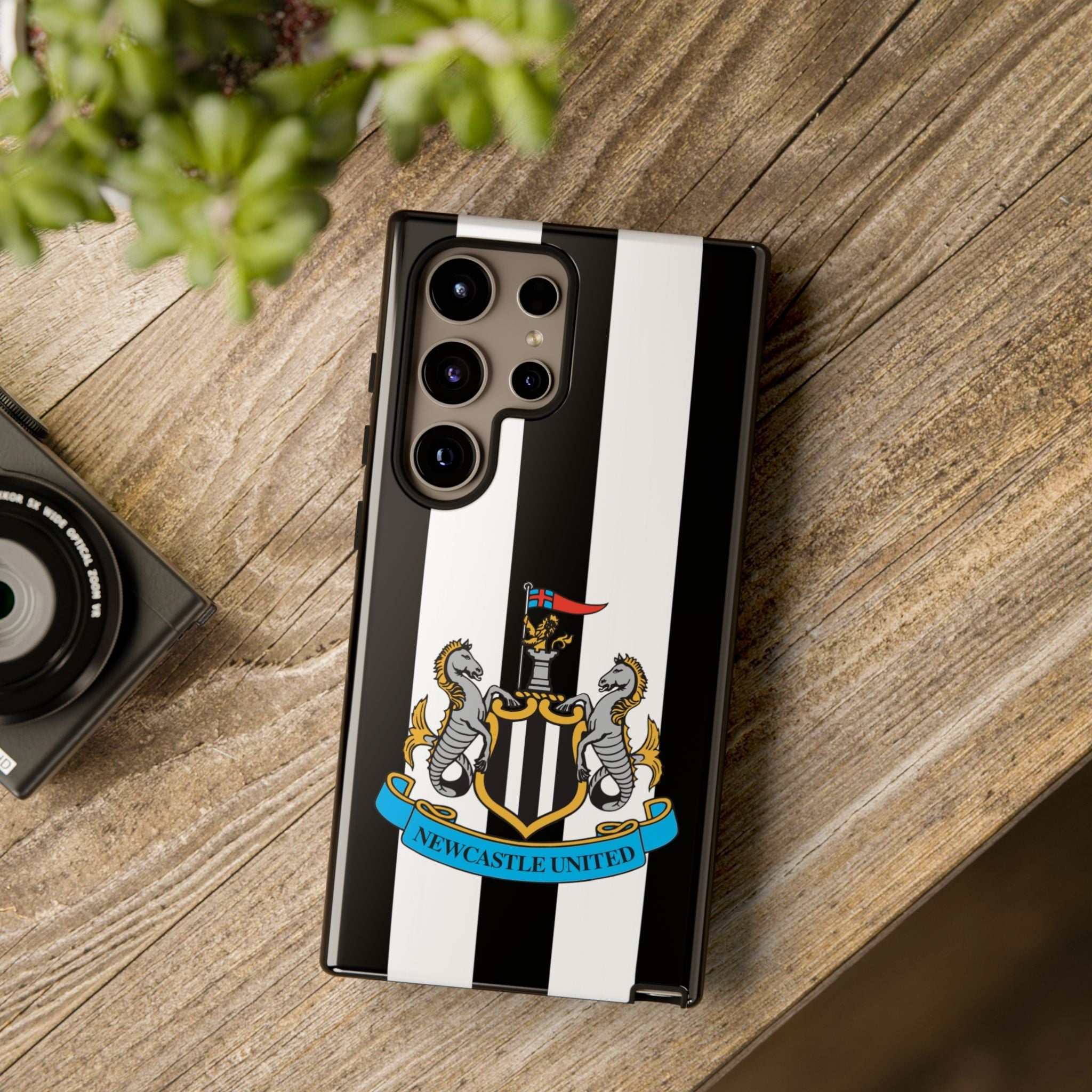 Newcastle United black and white Samsung phone case with magnetic wireless charging support and dual-layer protection