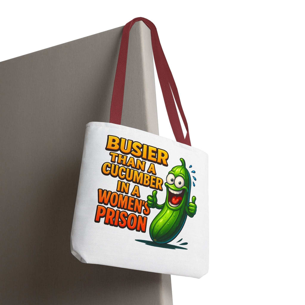 Busier Than a Cucumber Tote Bag with cheeky design, durable spun polyester, multiple sizes and handle colors, perfect for errands and casual outings