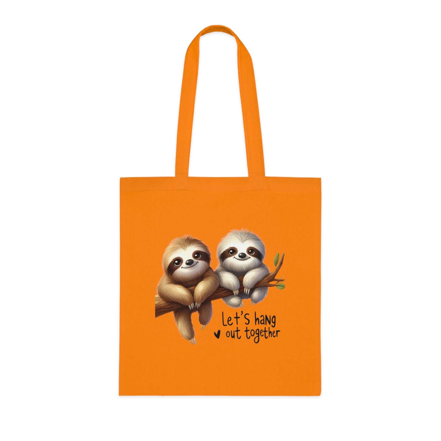 Cute sloth design on orange cotton tote bag with long handles.