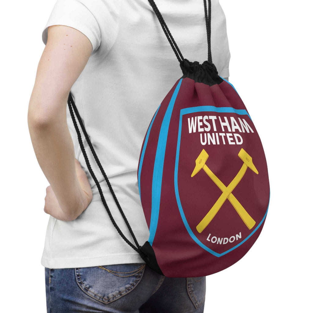 West Ham United drawstring bag in claret and blue with crossed hammers crest, lightweight polyester, ideal for sports and casual use