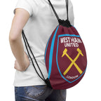 West Ham United drawstring bag in claret and blue with crossed hammers crest, lightweight polyester, ideal for sports and casual use