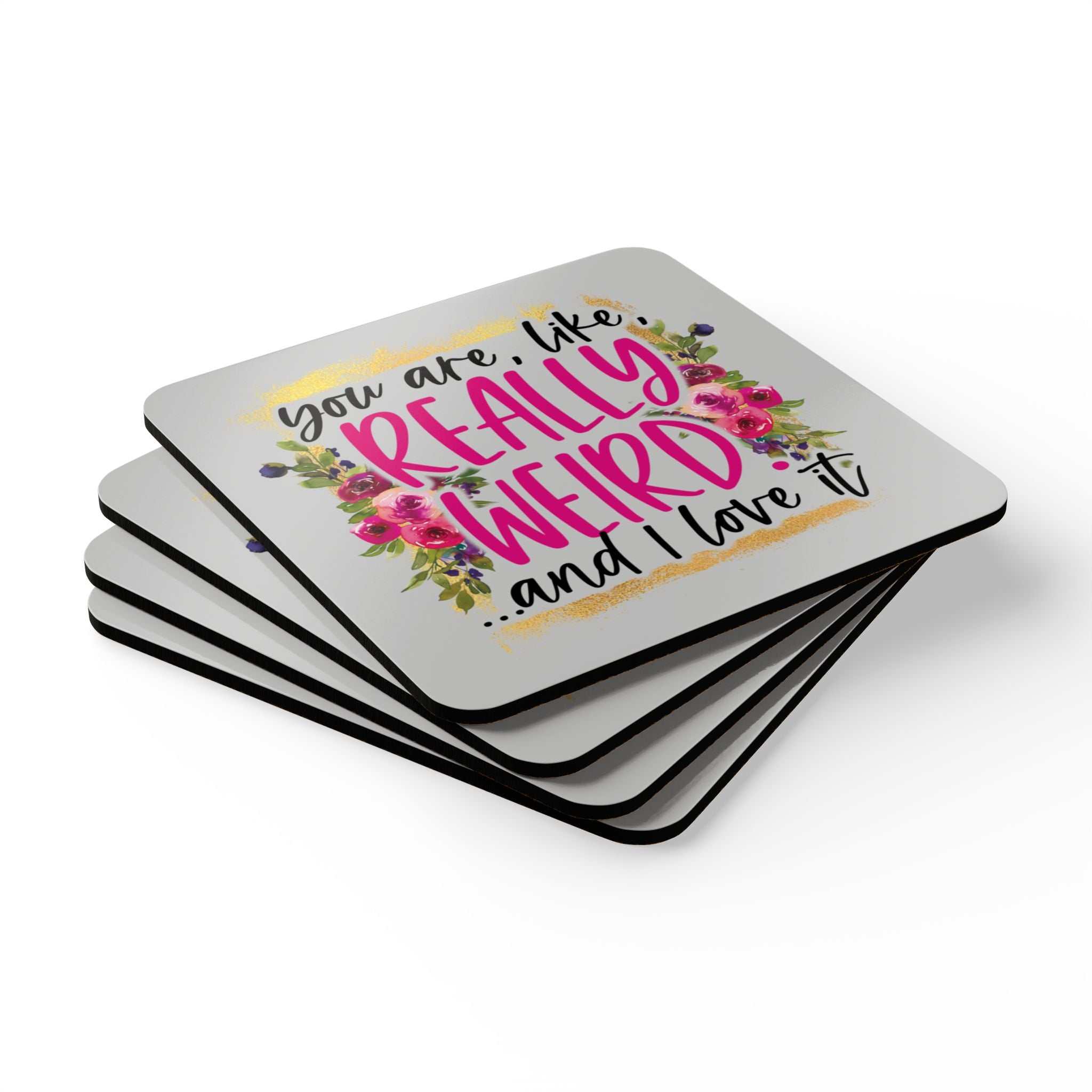 Really Weird Coaster Set with fun design and cork backing, 4-piece.