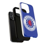 Rangers FC MagSafe iPhone case in royal blue with football club crest, dual-layer protection, and MagSafe compatibility.