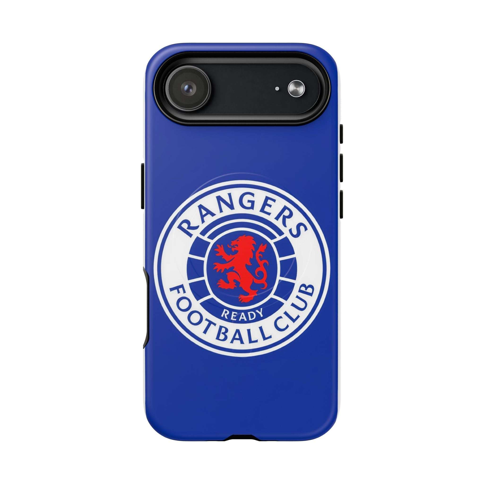 Rangers FC MagSafe iPhone Case in royal blue with club crest, dual layer protection, and MagSafe compatibility
