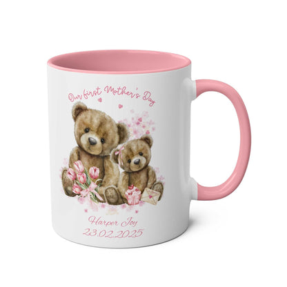 Personalised Our First Mother's Day mug with teddy bear design and pink accents.