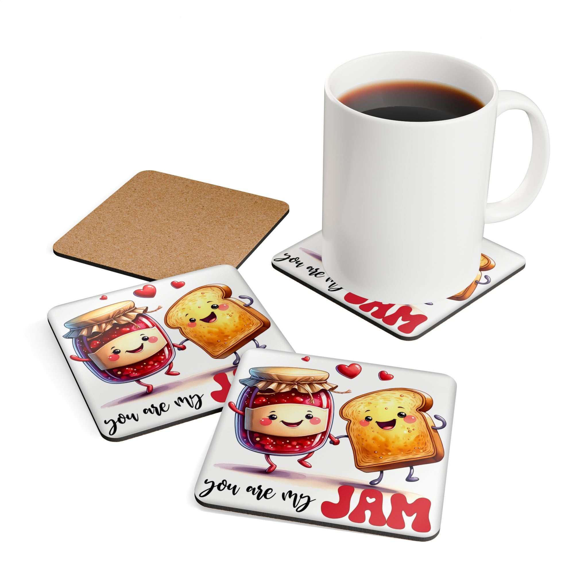 You Are My Jam Coaster Set - playful design, high-gloss MDF, cork back, non-slip, heat-resistant, 4-piece set.