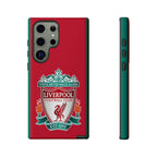 Red Liverpool FC shockproof Samsung Galaxy case with dual-layer protection and wireless charging compatibility