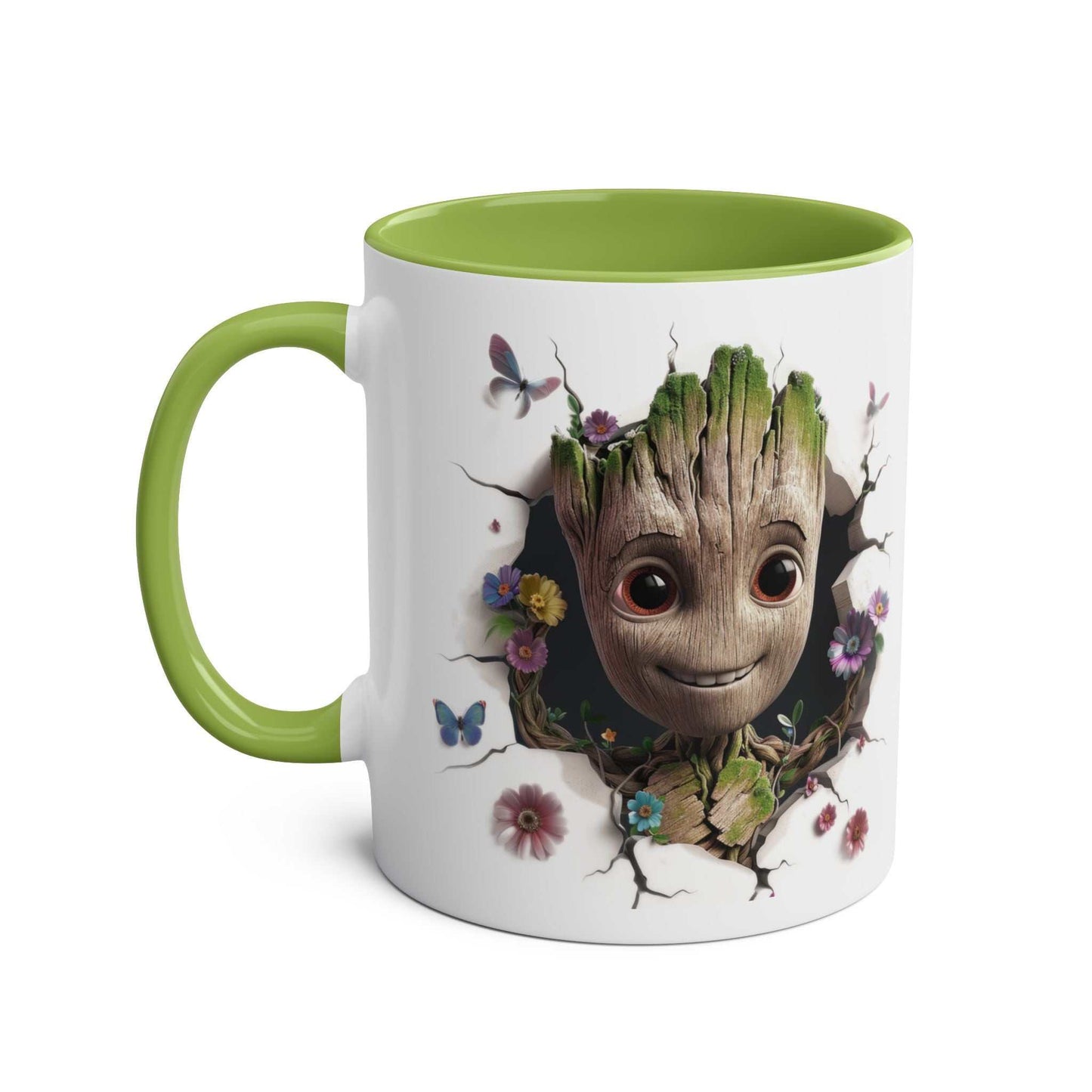 Baby Groot inspired coffee mug with cartoon design and green handle.