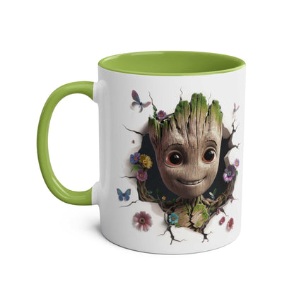 Baby Groot inspired coffee mug with cartoon design and green handle.