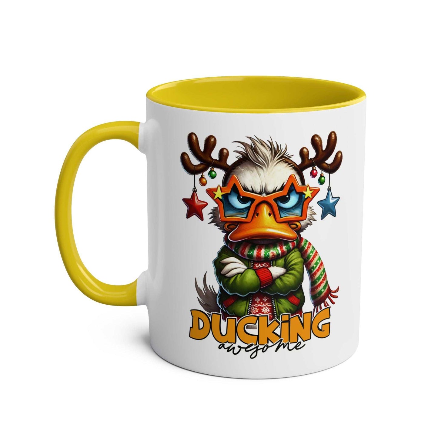 Sarky Christmas Mug with duck design, festive colors, ceramic, microwave and dishwasher safe.