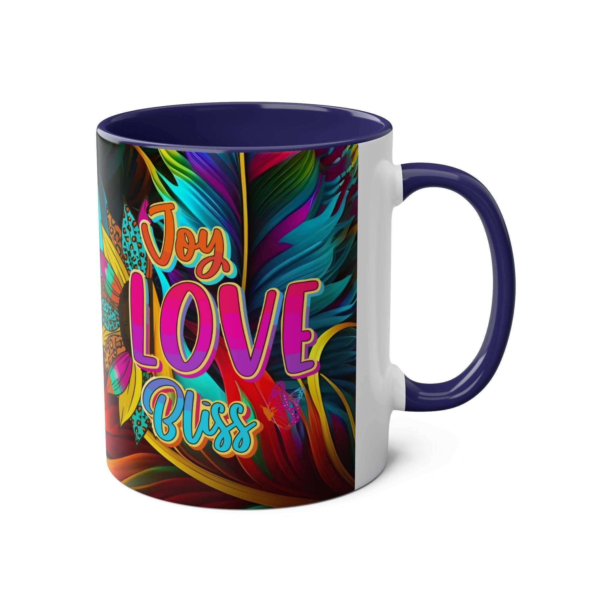 Vibrant LGBTQ+ Pride mug with rainbow design and "Joy Love Bliss" text.