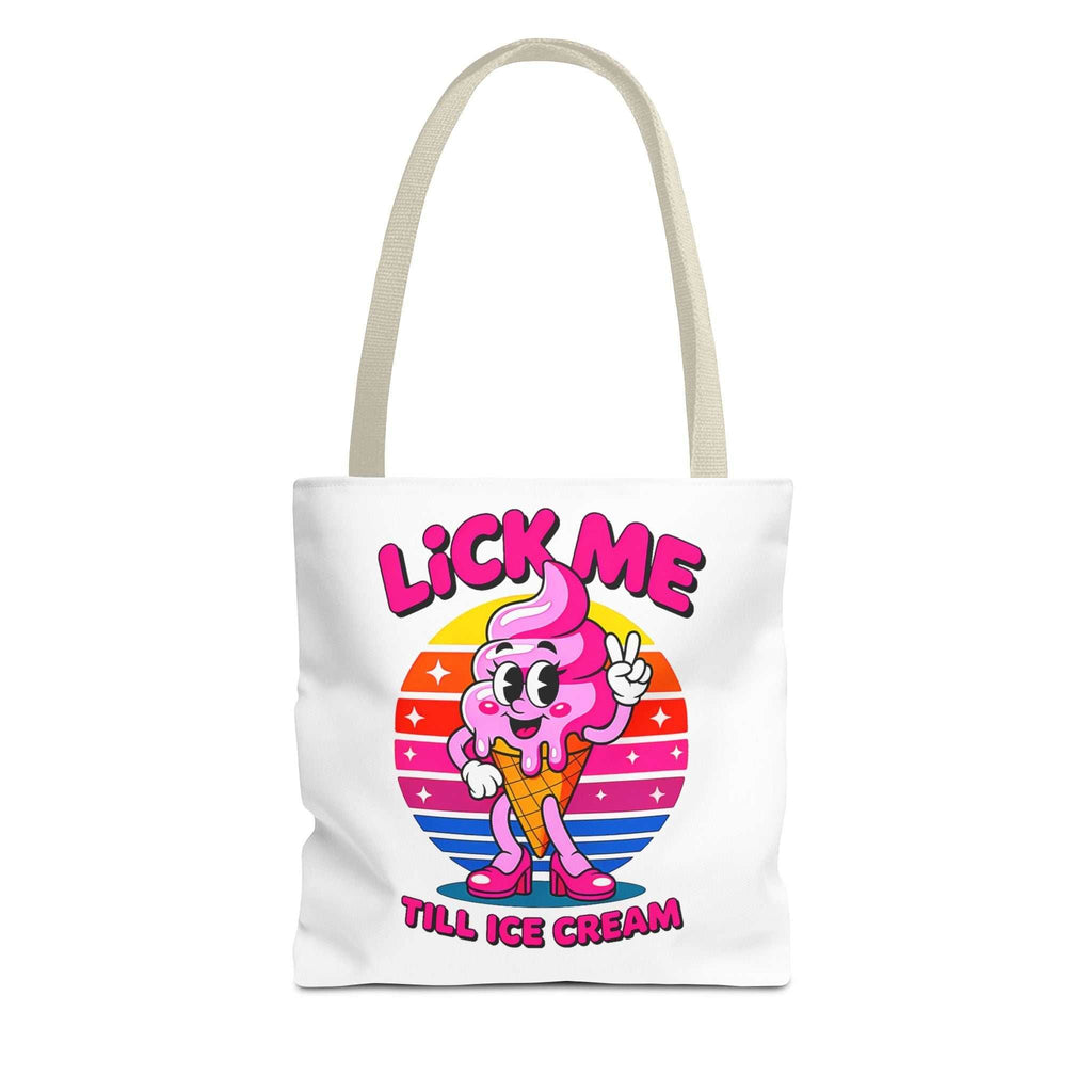 Lick Me Till Ice Cream Tote Bag with cheeky design, durable spun polyester, multiple sizes and handle colors, perfect for casual use