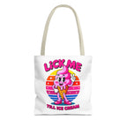 Lick Me Till Ice Cream Tote Bag with cheeky design, durable spun polyester, multiple sizes and handle colors, perfect for casual use