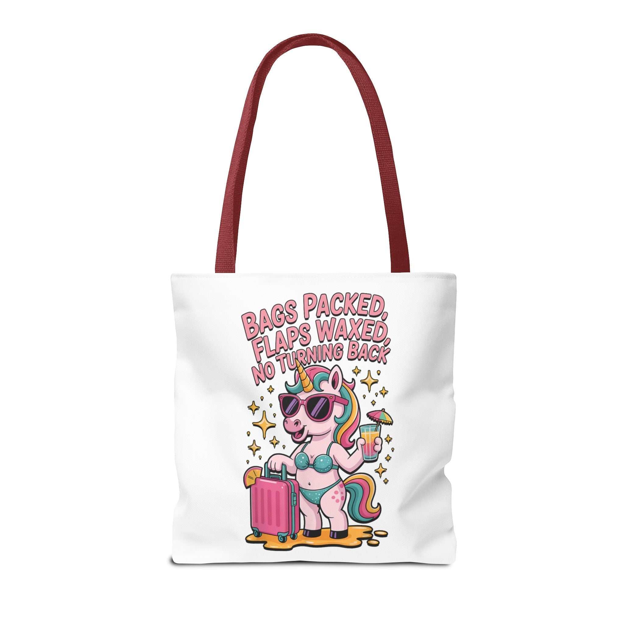 Colorful fun unicorn travel tote bag with cheeky design and cotton straps