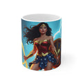 Wonder Woman inspired coffee mug with glossy finish and superhero design