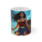 Wonder Woman inspired ceramic coffee mug with glossy finish and vibrant superhero design