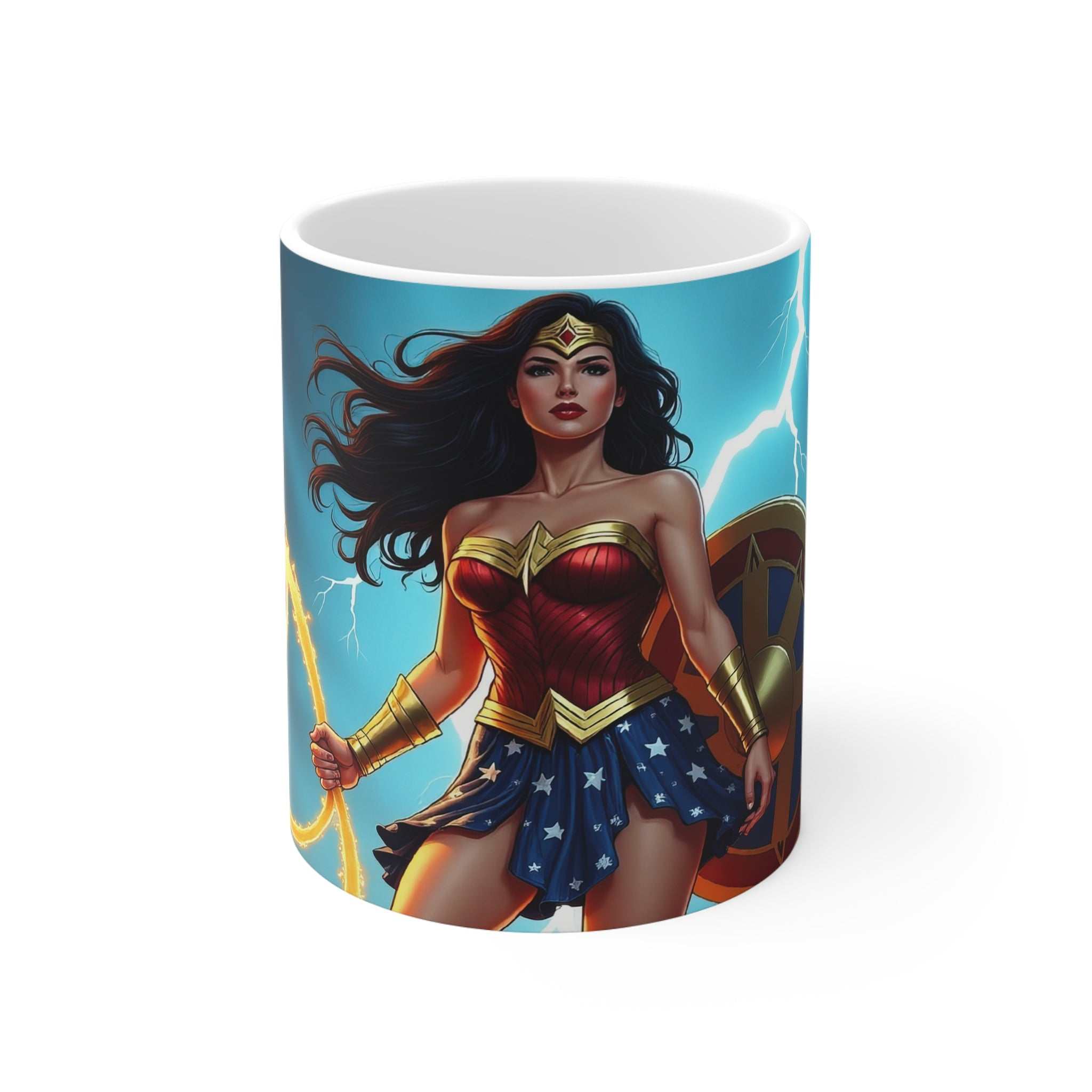 Wonder Woman inspired ceramic coffee mug with glossy finish and vibrant superhero design