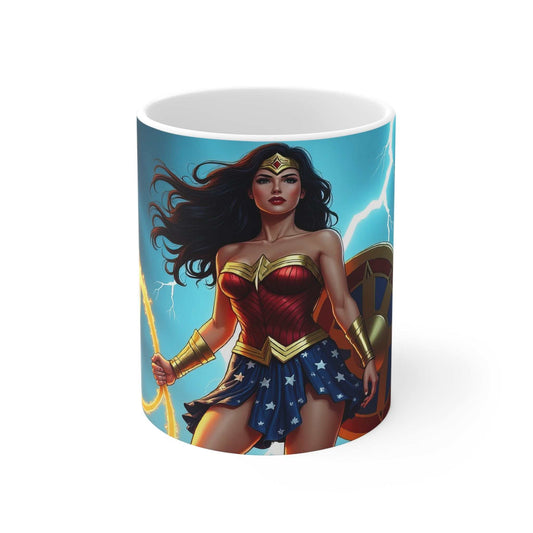 Wonder Woman inspired ceramic coffee mug with glossy finish and vibrant superhero design