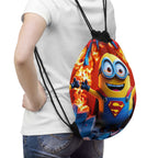 Minion Superman drawstring bag with vibrant superhero design, lightweight polyester, durable and spacious for kids' gym, school, and travel use.