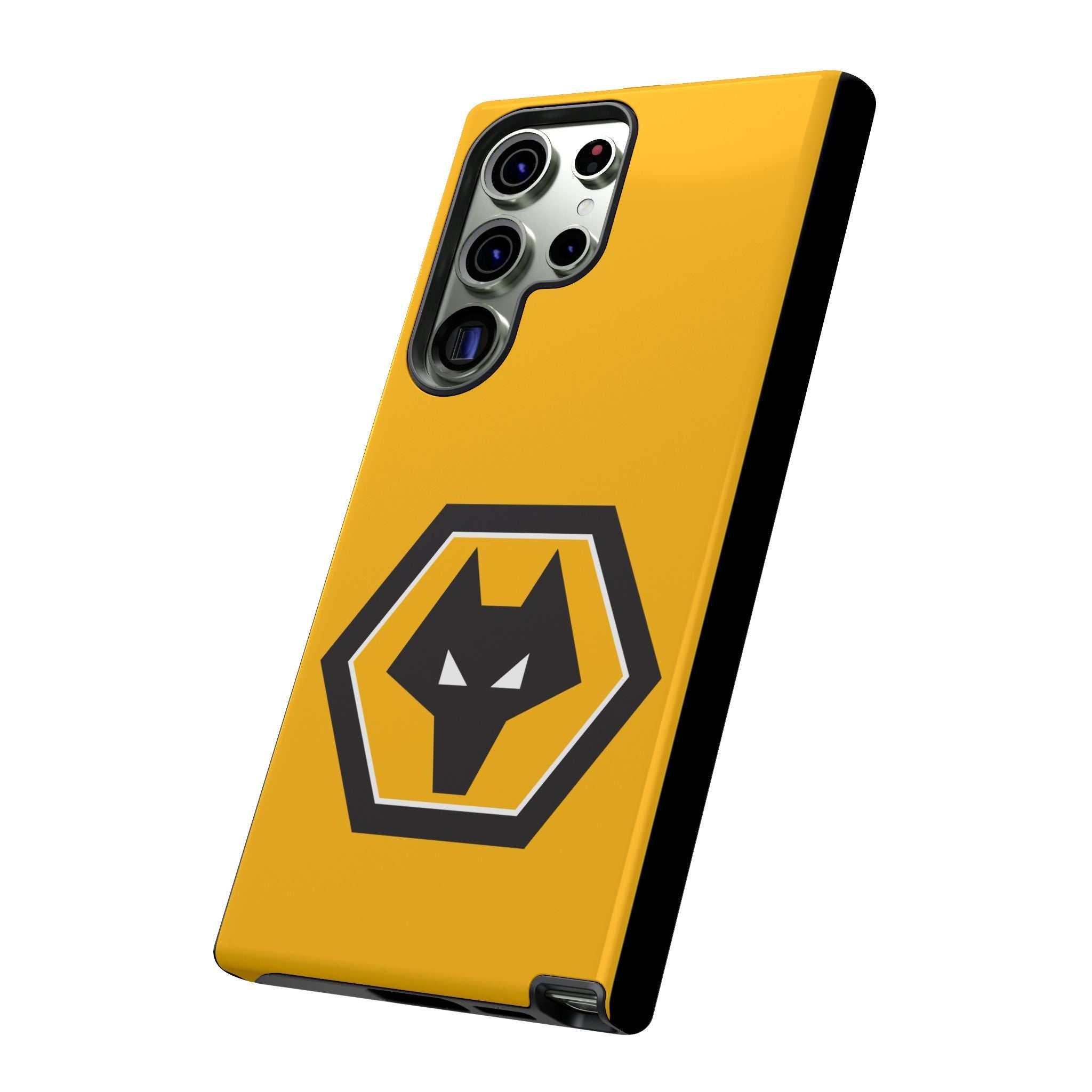 Wolves FC magnetic Samsung case in gold and black with dual-layer protection and wireless charging compatibility