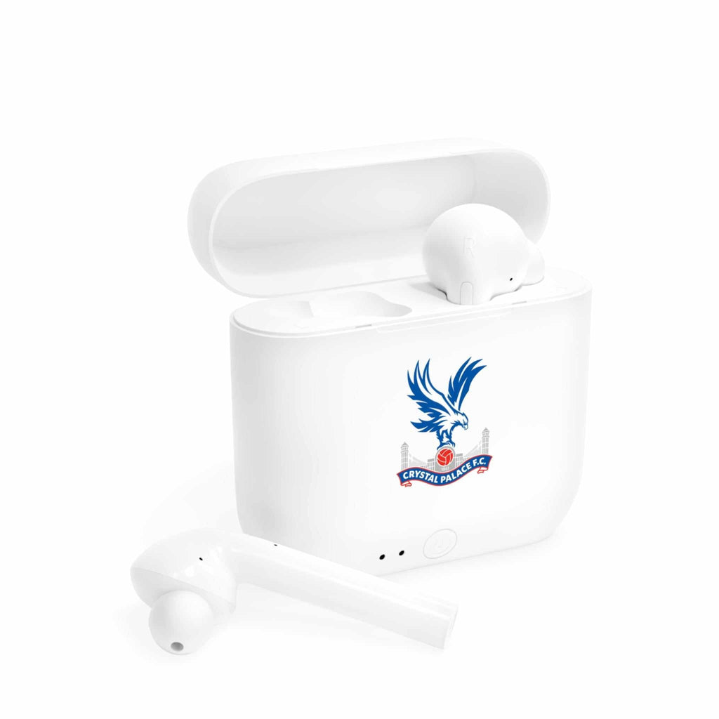 White wireless earbuds and charging case with Crystal Palace Fc fan-inspired club crest logo