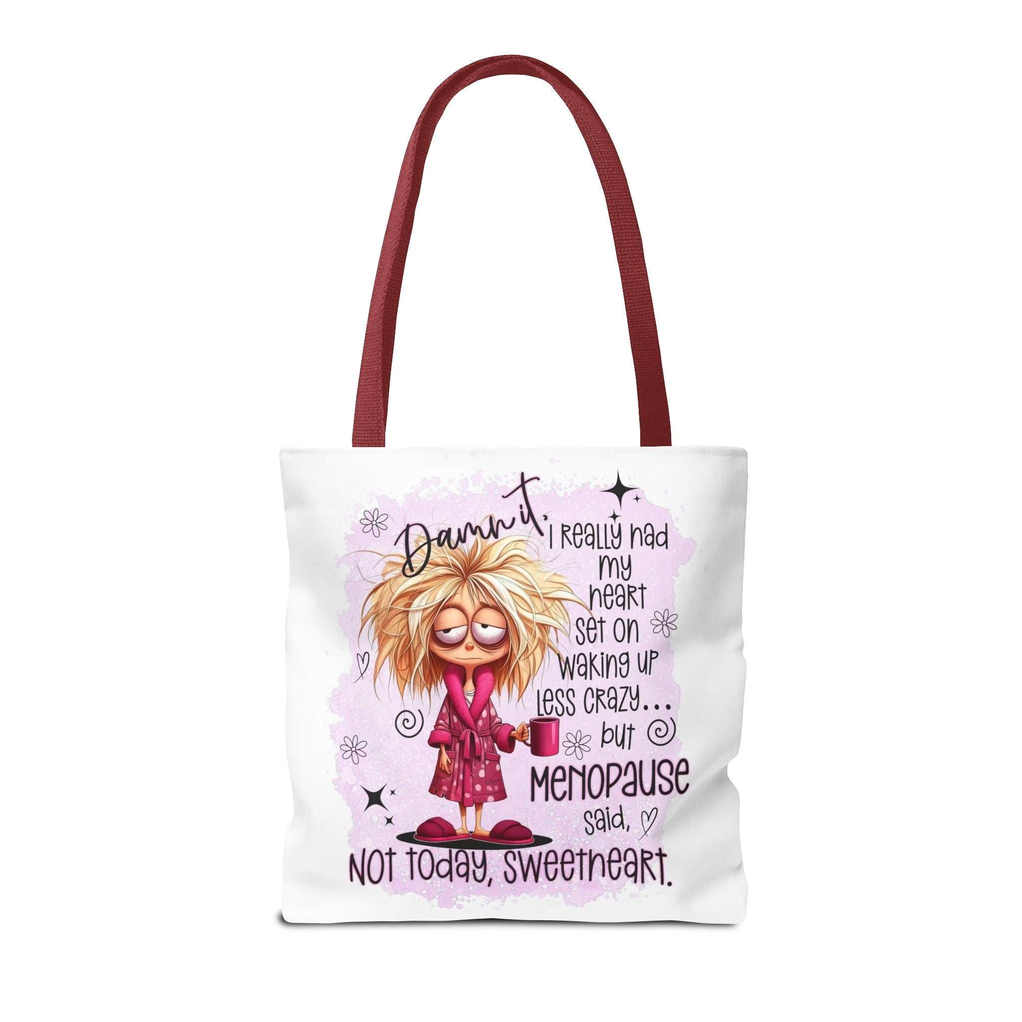 Cheeky Menopause Humour Tote Bag with colorful handles, durable polyester, and playful design for everyday use