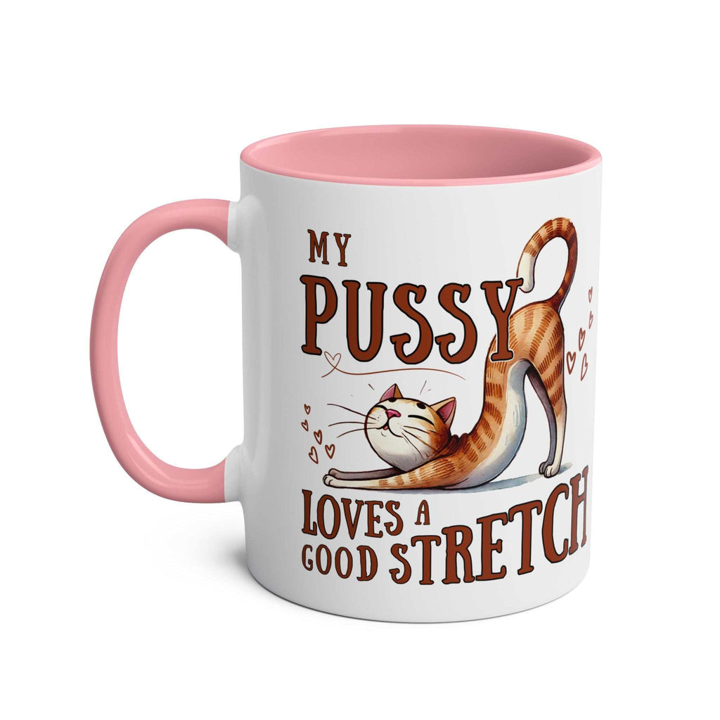 Cheeky Fun Coffee Mug with pink handle and interior, featuring playful cat stretch design and humorous text.
