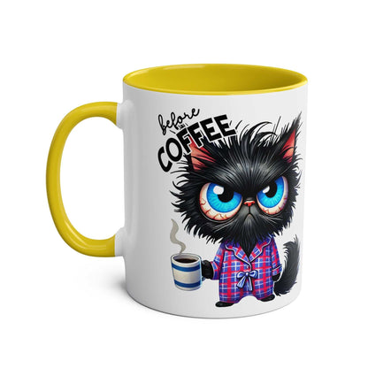 Fun Sarcastic Coffee Mug featuring a grumpy cat with coffee, yellow handle, 11oz ceramic, glossy finish.