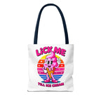 Cheeky Lick Me Till Ice Cream Tote Bag with colorful handles, durable spun polyester, and playful design for everyday use