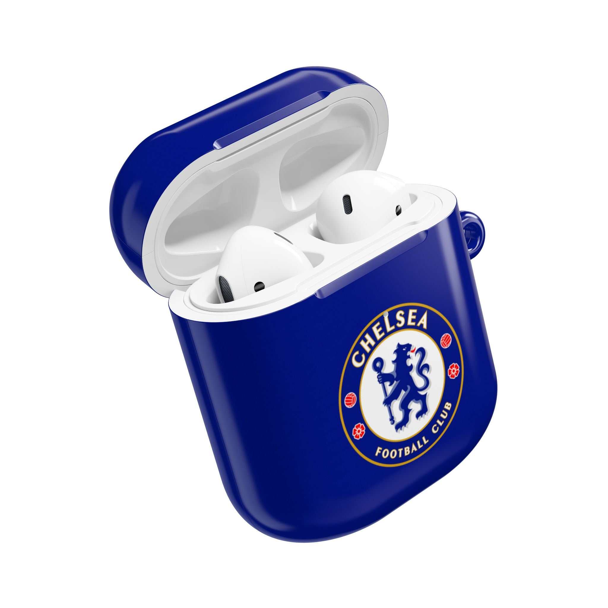 Chelsea FC AirPods protective case in royal blue with club crest for AirPods and AirPods Pro, durable and wireless charging compatible