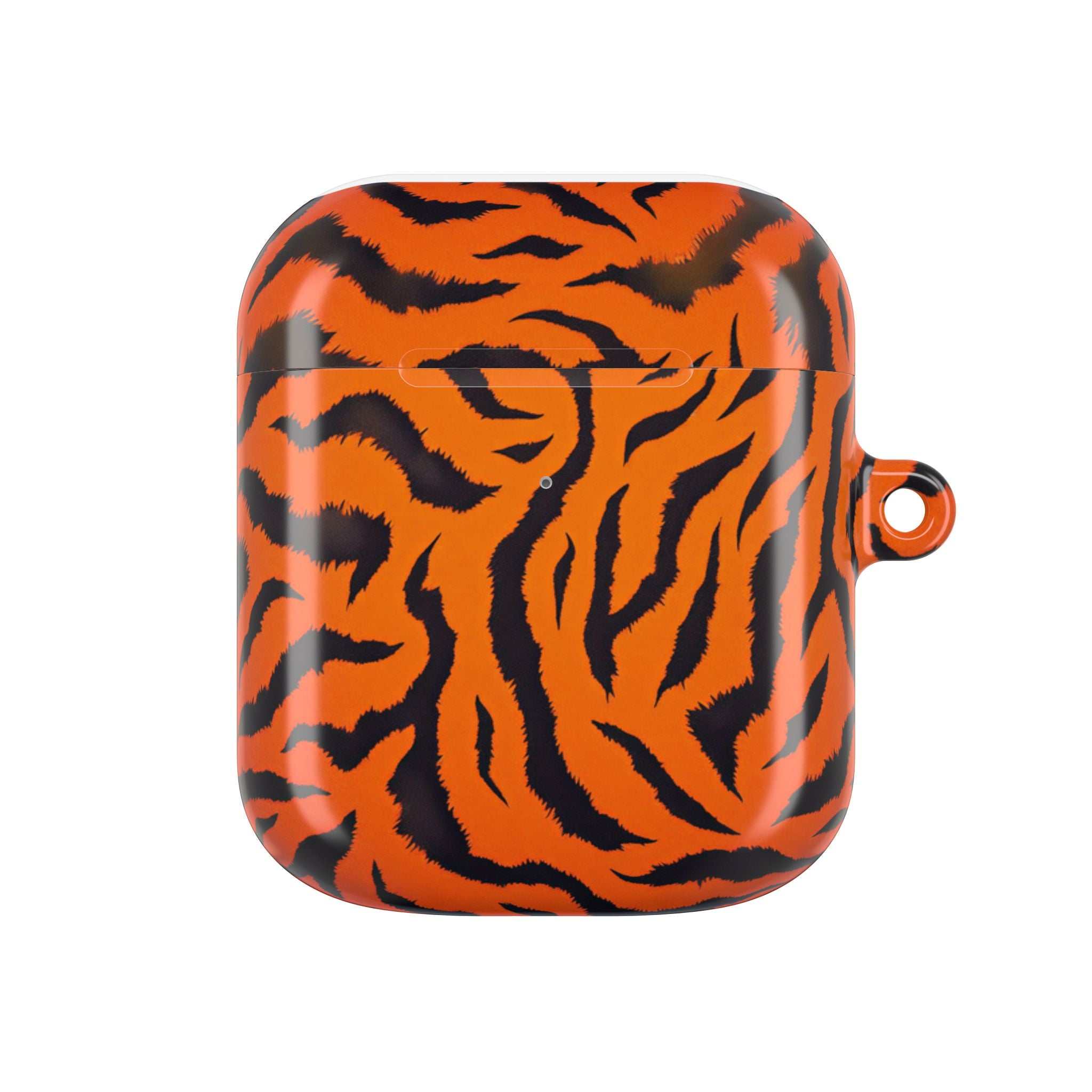 Orange tiger print hard shell protective case for AirPods and AirPods Pro with glossy finish