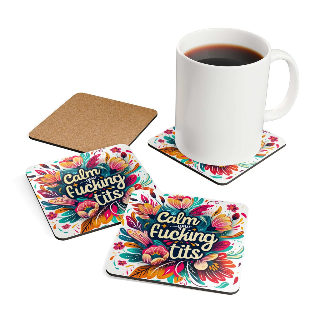 Colorful "Calm Your Fucking Tits" coaster set with high-gloss top and cork backing, perfect for adding humor to gatherings.