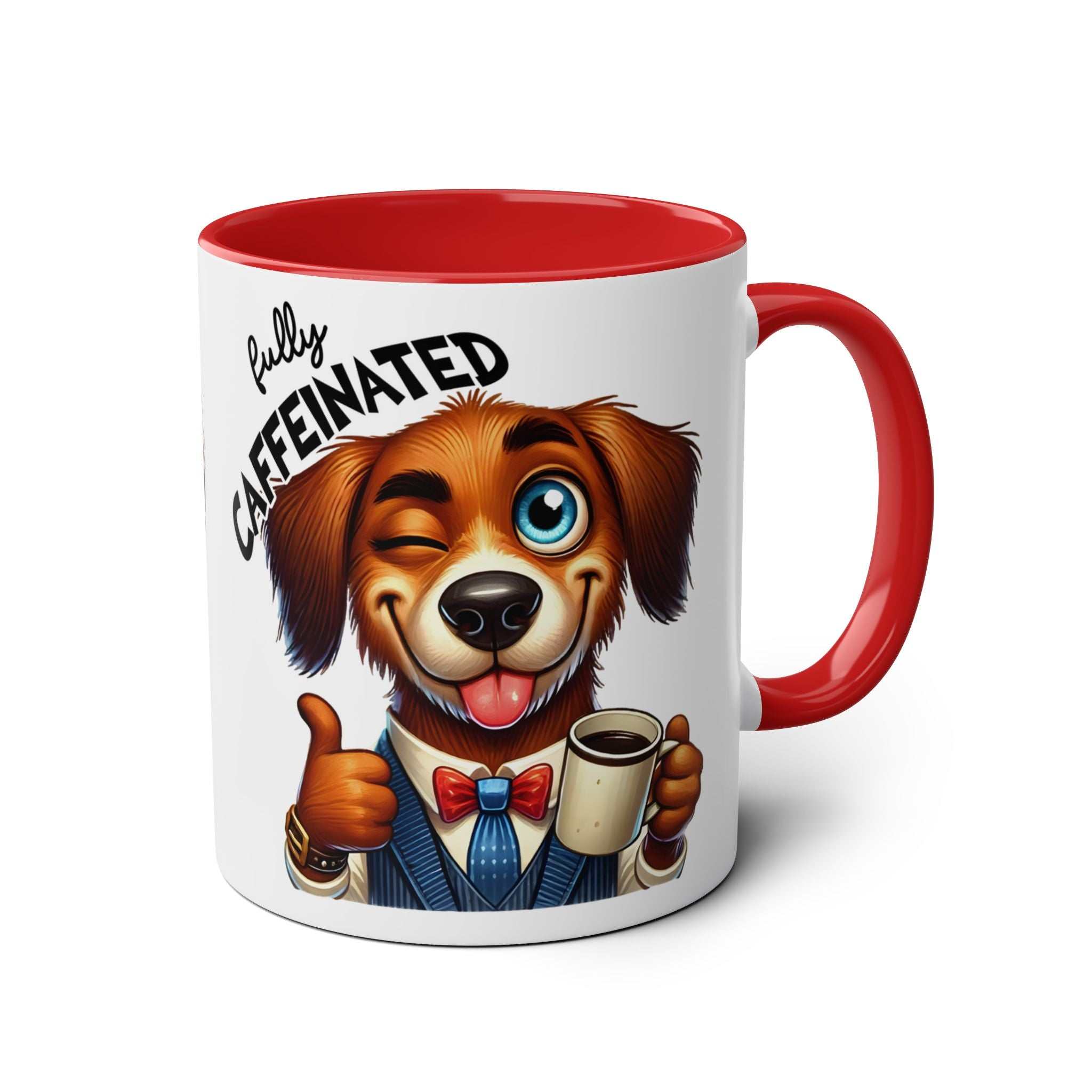 Fun Sarcastic Coffee Mug with cartoon dog design, red handle, and glossy finish.