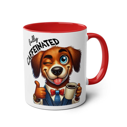 Fun Sarcastic Coffee Mug with cartoon dog design, red handle, and glossy finish.