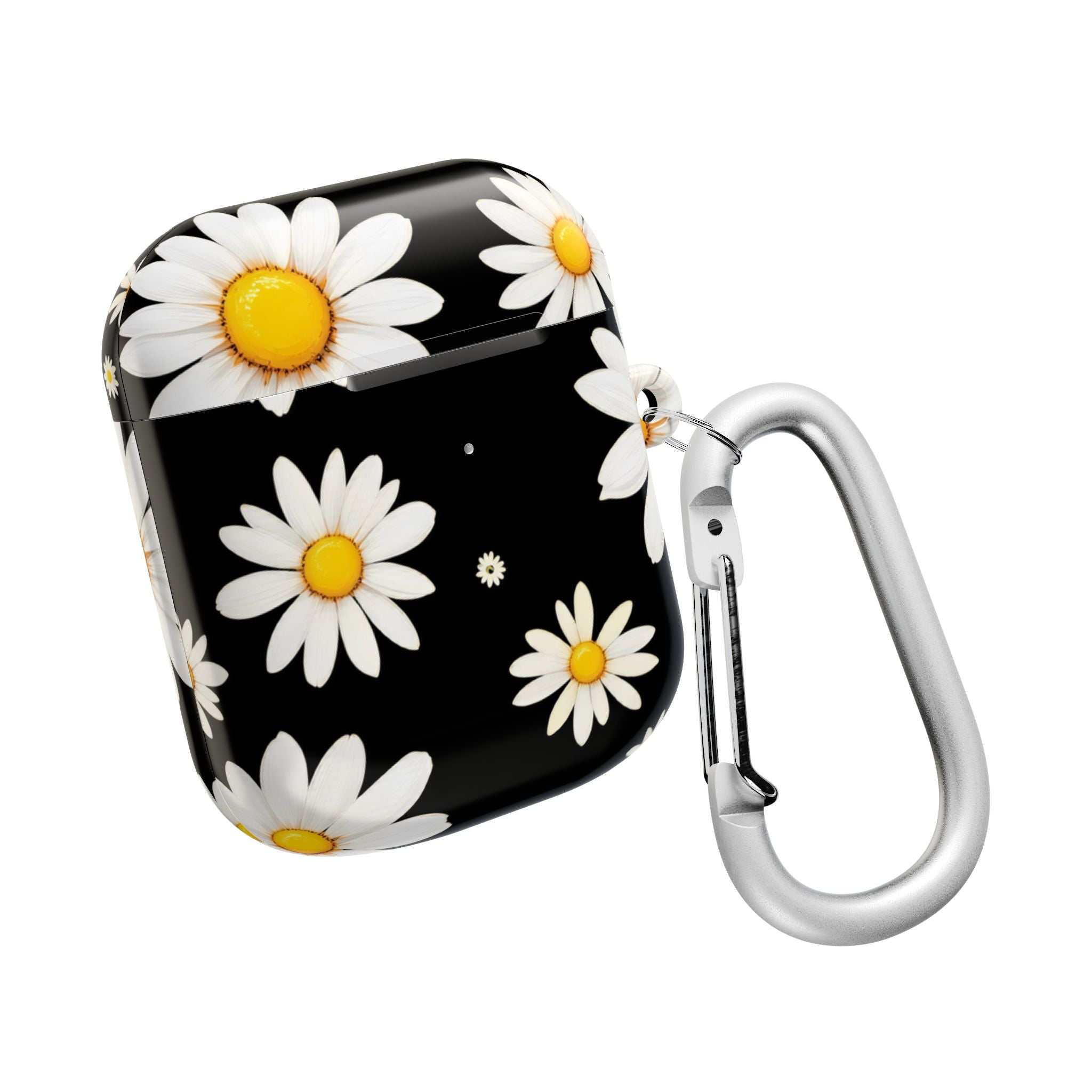 Black Daises AirPods protective case with white daisy flowers on black background and attached silver carabiner clip