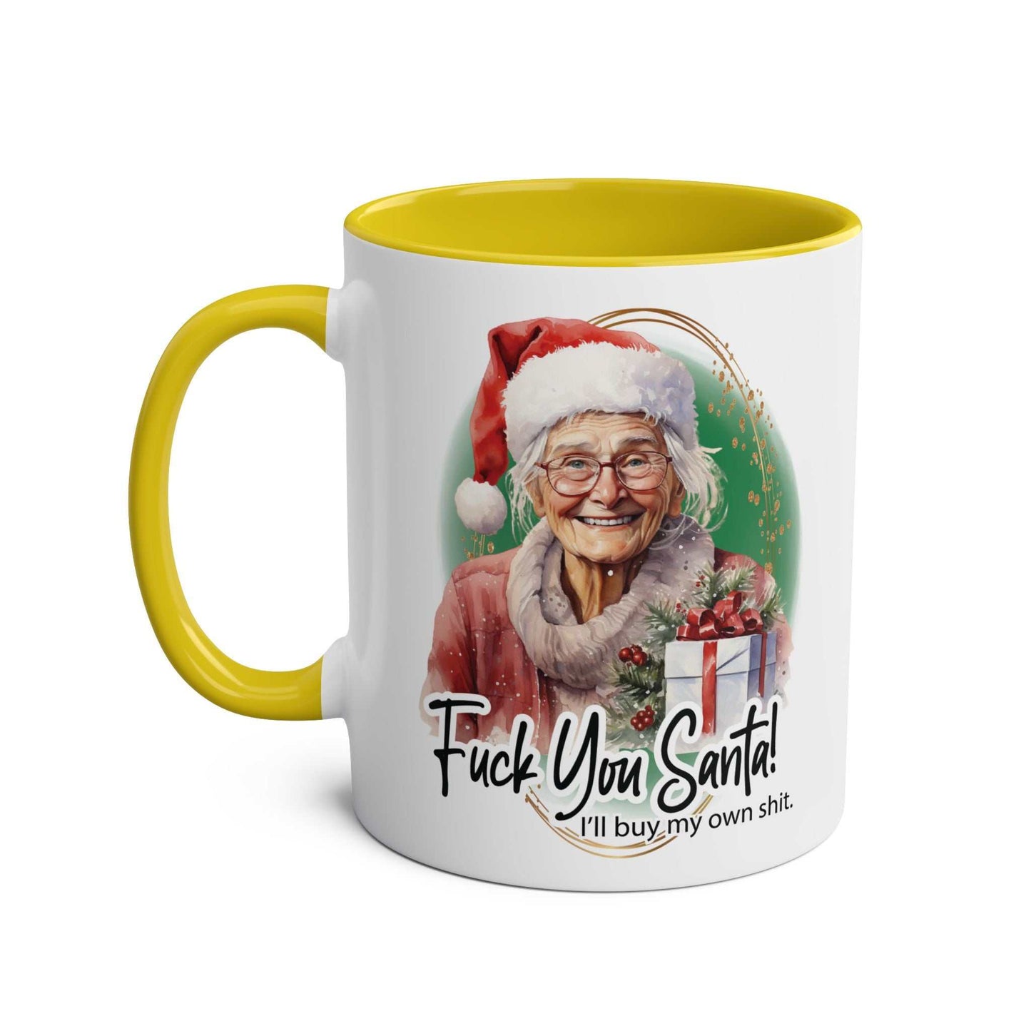 Sweary Granny Christmas Mug with humorous Santa message, festive design, yellow handle, 11oz ceramic.