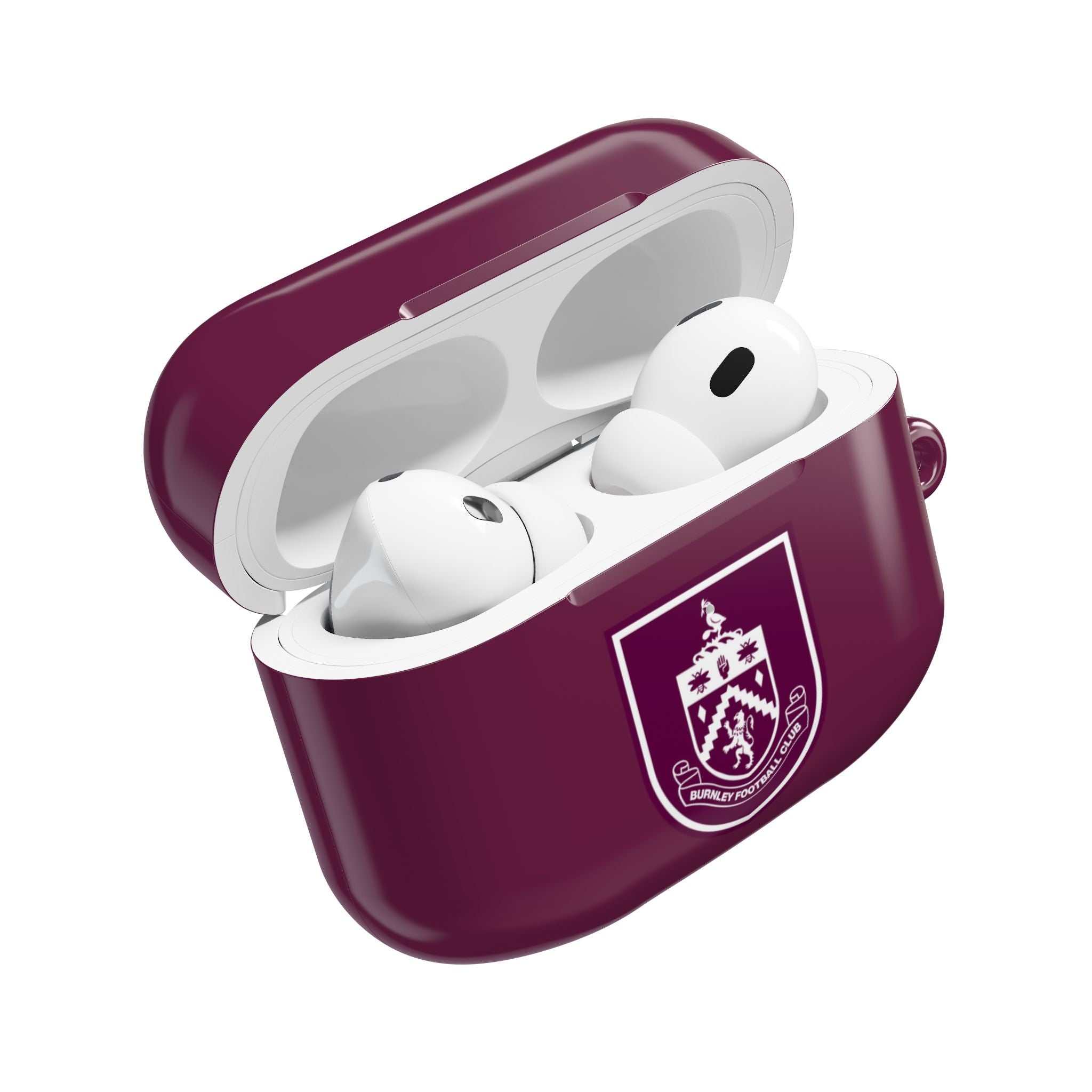 Burnley FC AirPods protective case in claret with club crest, shock-resistant and wireless charging compatible