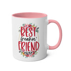 Best Freaking Friend Coffee Mug with pink handle and floral design, perfect gift for friends.