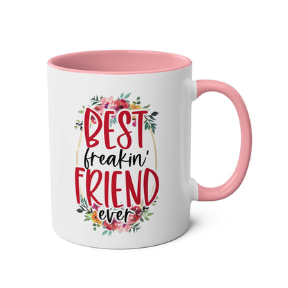 Best Freaking Friend Coffee Mug with pink handle and floral design, perfect gift for friends.