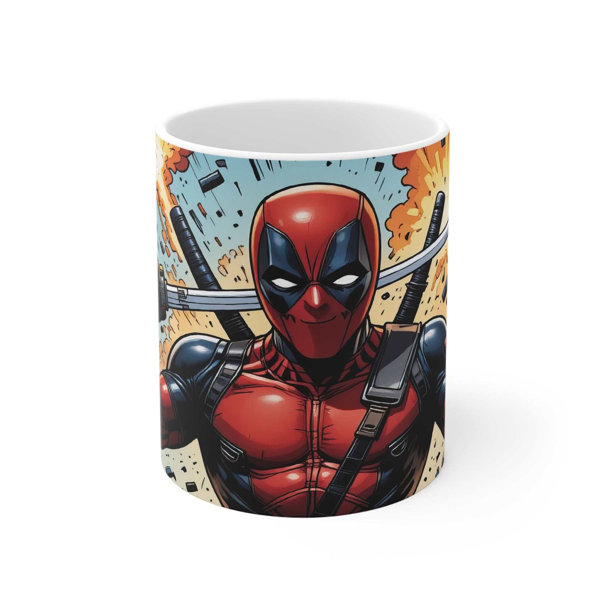 Deadpool Comic Superhero Mug featuring bold, glossy design with Deadpool character and dual swords on ceramic cup