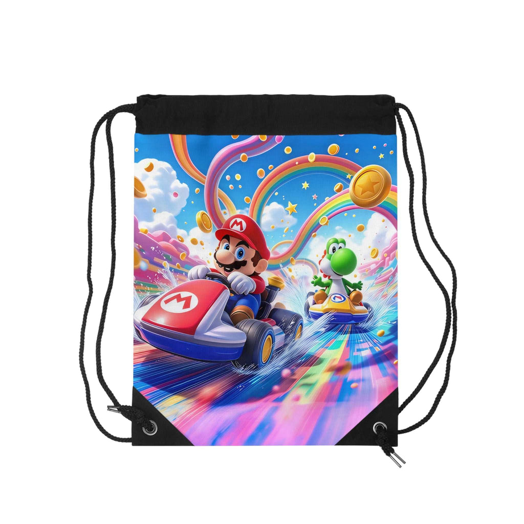Mario themed drawstring bag featuring Mario and Yoshi in karts with colorful racing background