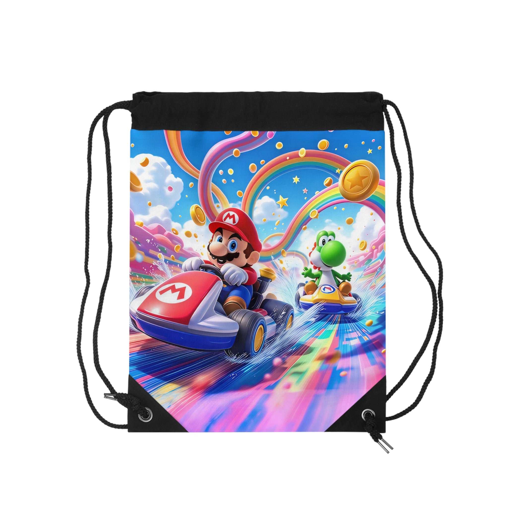 Mario themed drawstring bag featuring Mario and Yoshi in karts with colorful racing background