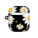 Black Daises AirPods protective hard shell case with white daisy flowers on black background, durable and lightweight design for AirPods and AirPods Pro.