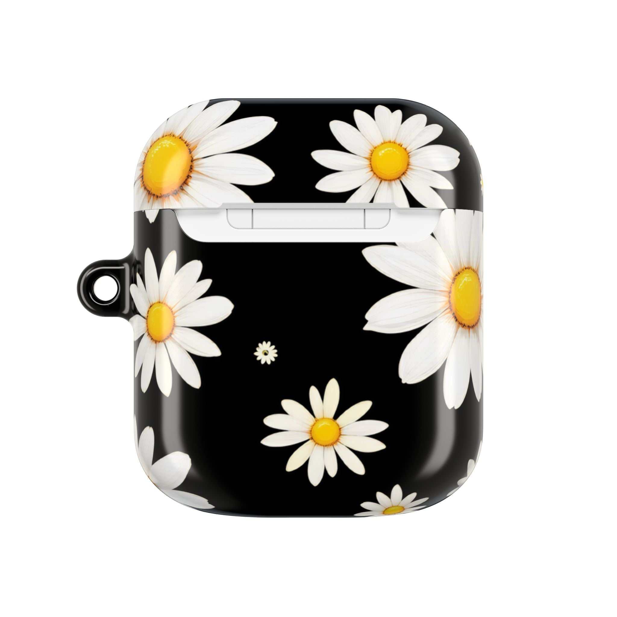 Black Daises AirPods protective hard shell case with white daisy flowers on black background, durable and lightweight design for AirPods and AirPods Pro.