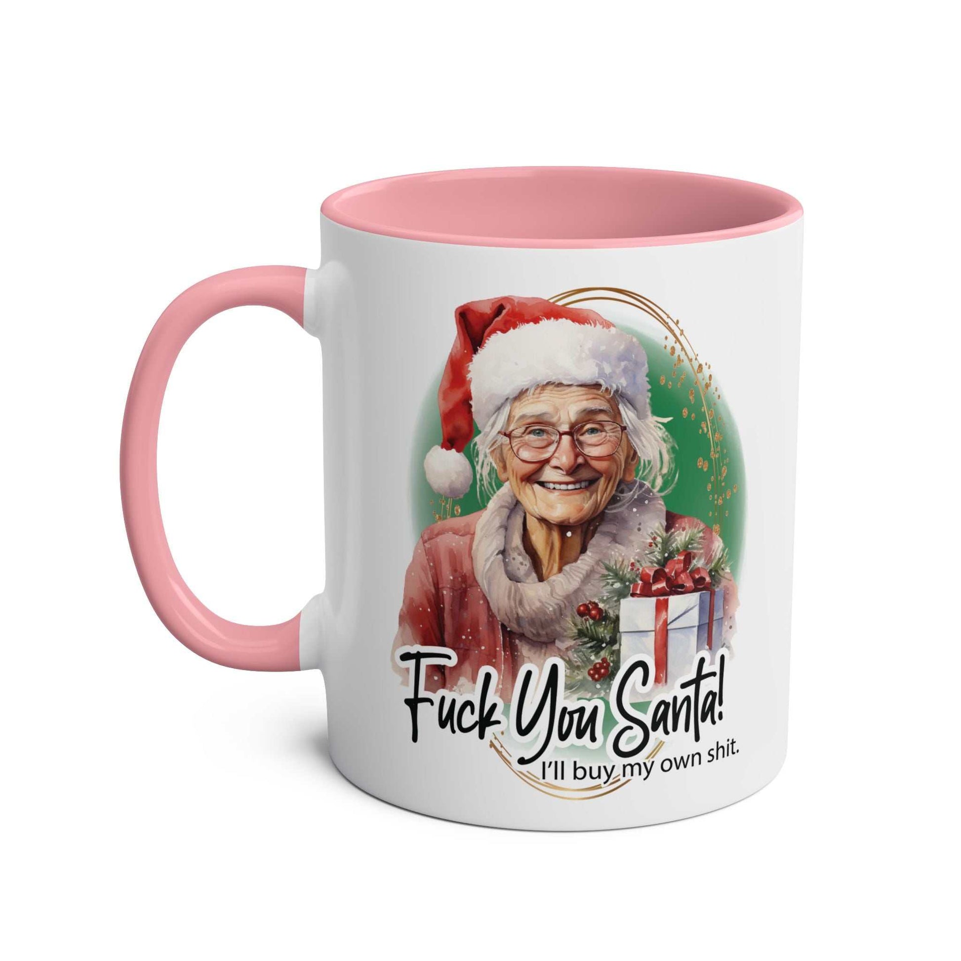 Sweary Granny Christmas Mug with cheeky design, pink handle, and festive theme.