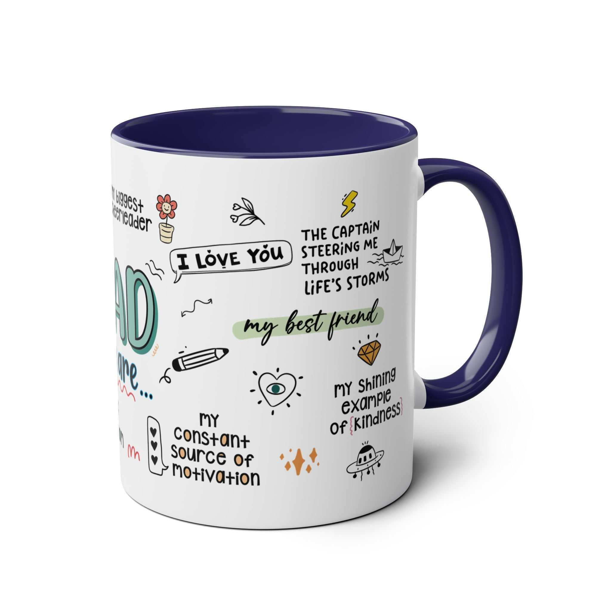 Fathers Day Gift Mug with fun graphics, 11oz ceramic, blue interior, dishwasher and microwave safe.