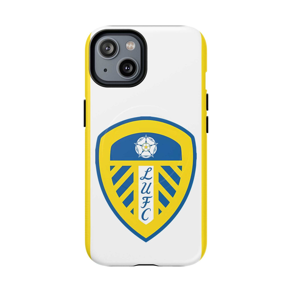 Leeds Utd MagSafe iPhone Case with club crest, white and yellow design, protective dual-layer construction, and MagSafe compatibility.