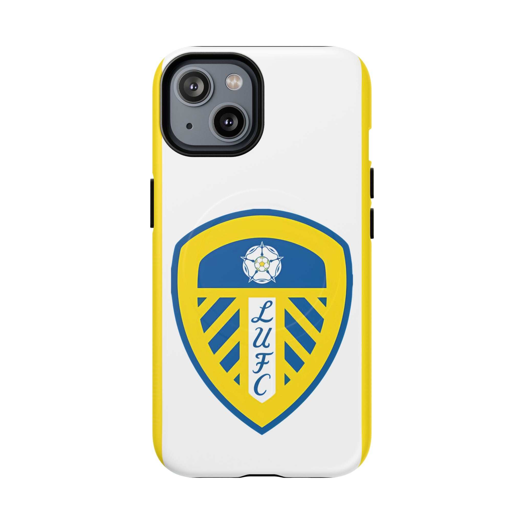Leeds Utd MagSafe iPhone Case with club crest, white and yellow design, protective dual-layer construction, and MagSafe compatibility.